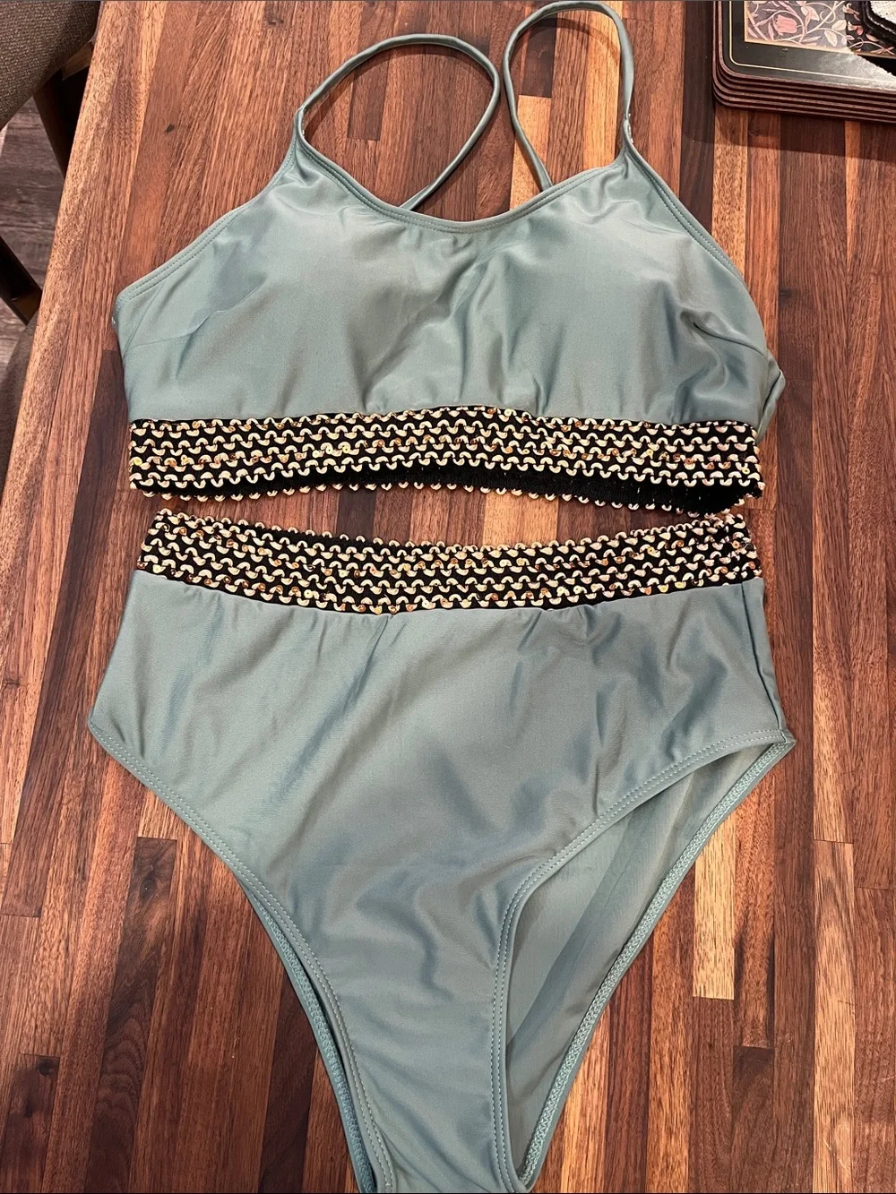 Sage Green Bikini with Black Trim & Gold sequins Detail NIB
